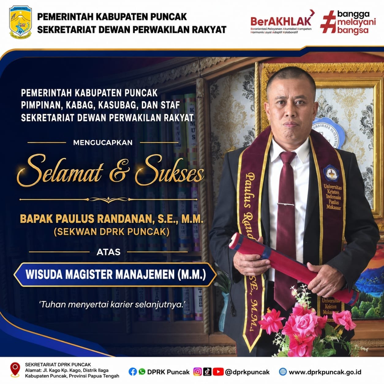 PIMPINAN KABAG, KASUBAG & STAF SEKRETARIAT DPRK PUNCAK UCAPKAN SELAMAT ATAS WISUDA MAGISTER MANAJEMEN PAULUS RANDANAN