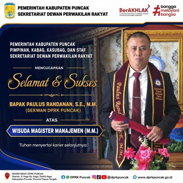 PIMPINAN KABAG, KASUBAG & STAF SEKRETARIAT DPRK PUNCAK UCAPKAN SELAMAT ATAS WISUDA MAGISTER MANAJEMEN PAULUS RANDANAN